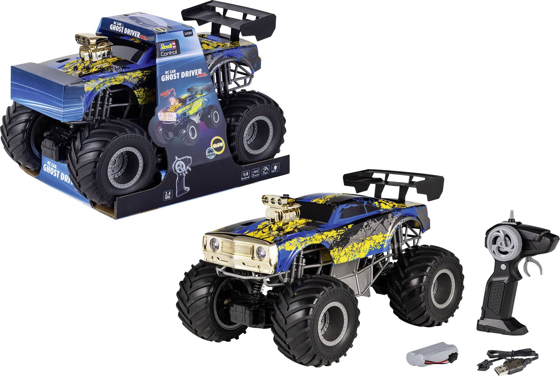Ferngesteuerter Monstertruck im blau-gelben Design, mit Verpackung, Akku, Ladegerät und Fernbedienung in der Nähe präsentiert.