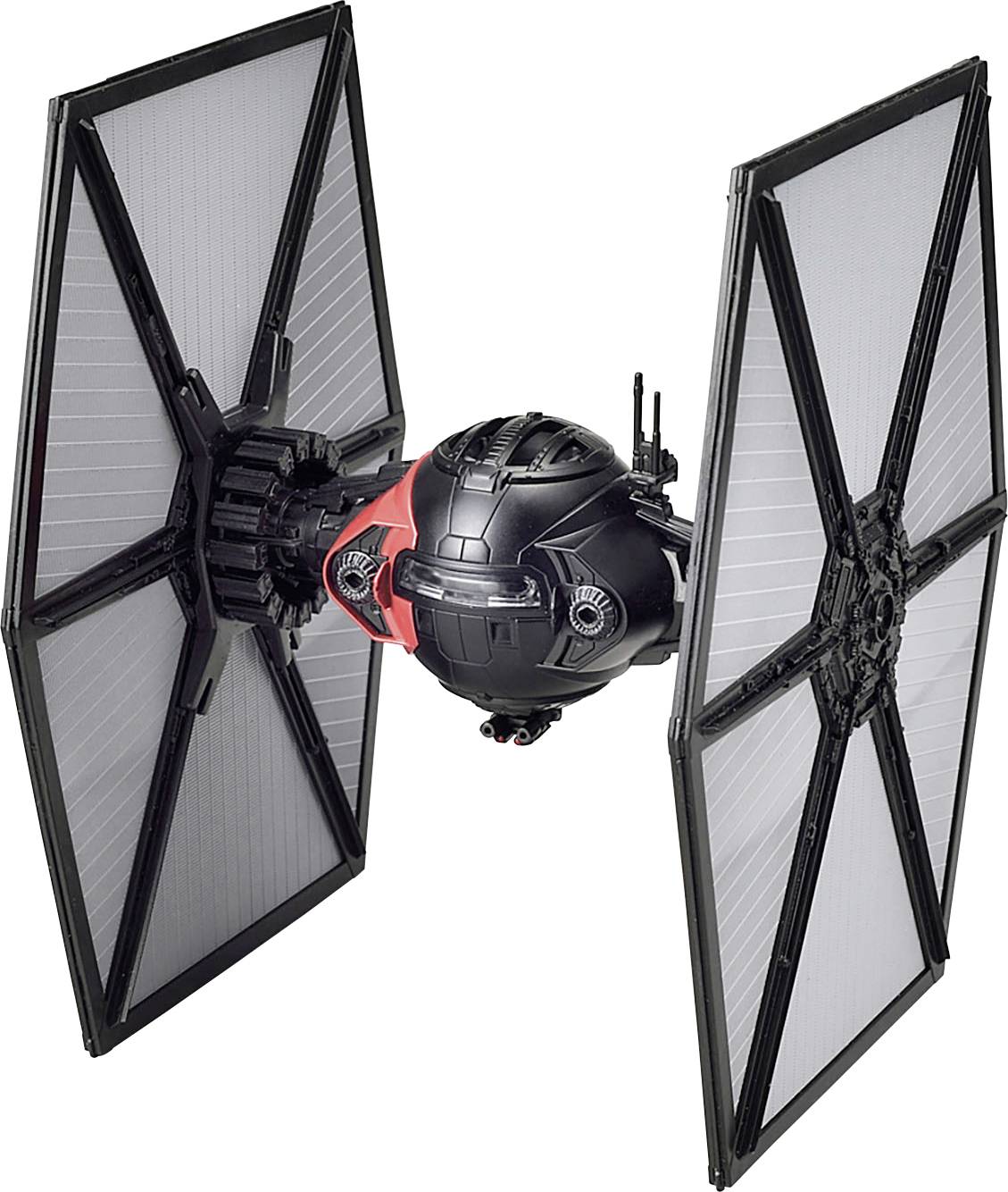 Ein schwarzer und roter TIE-Jäger mit großen Solarpanels an jeder Seite, der durchs Weltall fliegt.