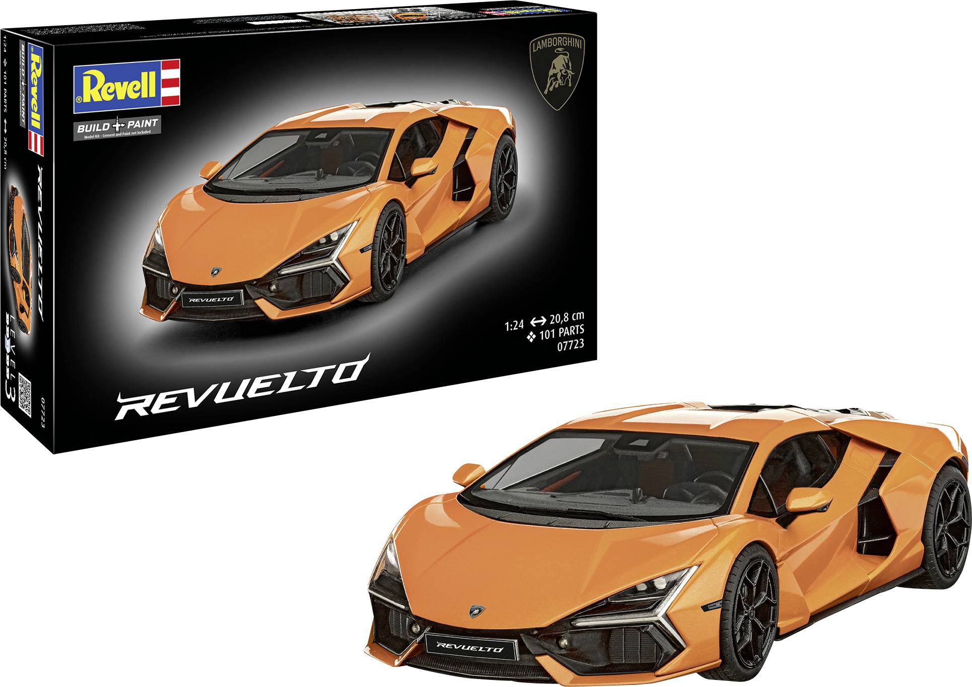Revell Lamborghini Revuelto Bausatz-Box, die einen orangefarbenen Sportwagen mit einem detaillierten Bild des zusammengebauten Modells daneben zeigt.