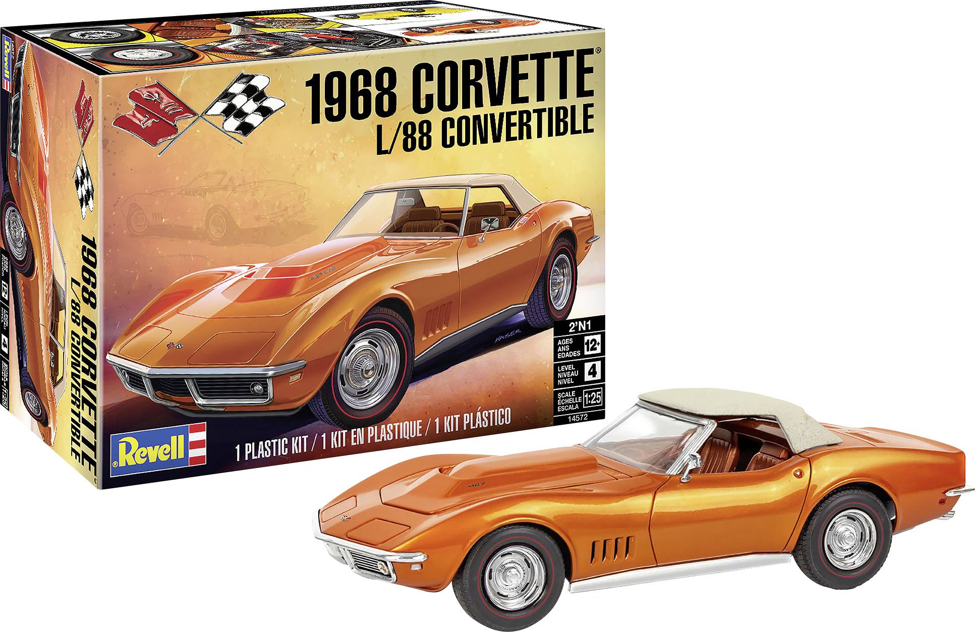Revell 1968 Corvette L/88 Cabrio Modellbausatz in Orange. Schachtel zeigt Autoabbildung und Montageanweisungen. Maßstab 1:25, Schwierigkeitsstufe 5.
