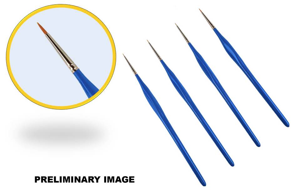 Vorläufiges Bild, das fünf blaue Pinsel mit feinen Spitzen zeigt, wobei einer in einem gelben Kreis vergrößert wird, um die Pinselspitze zu detaillieren.