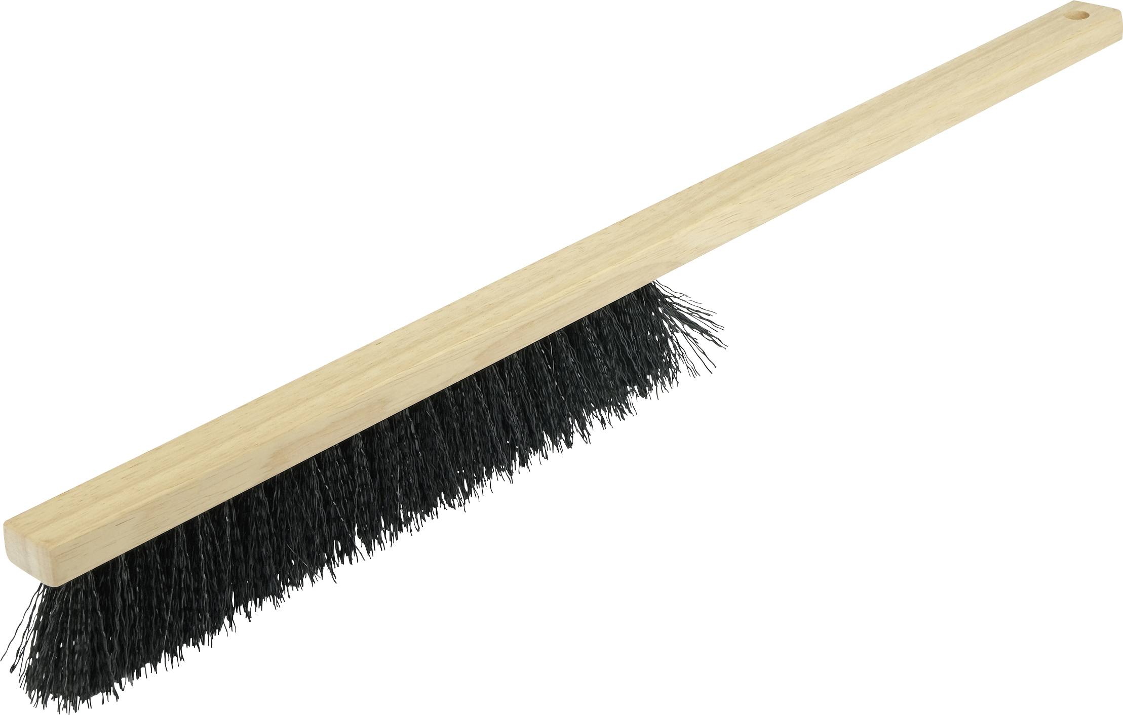 Ein langstielig Besen mit dichten schwarzen Borsten zum Fegen. Der Stiel ist aus hellem Holz gefertigt.