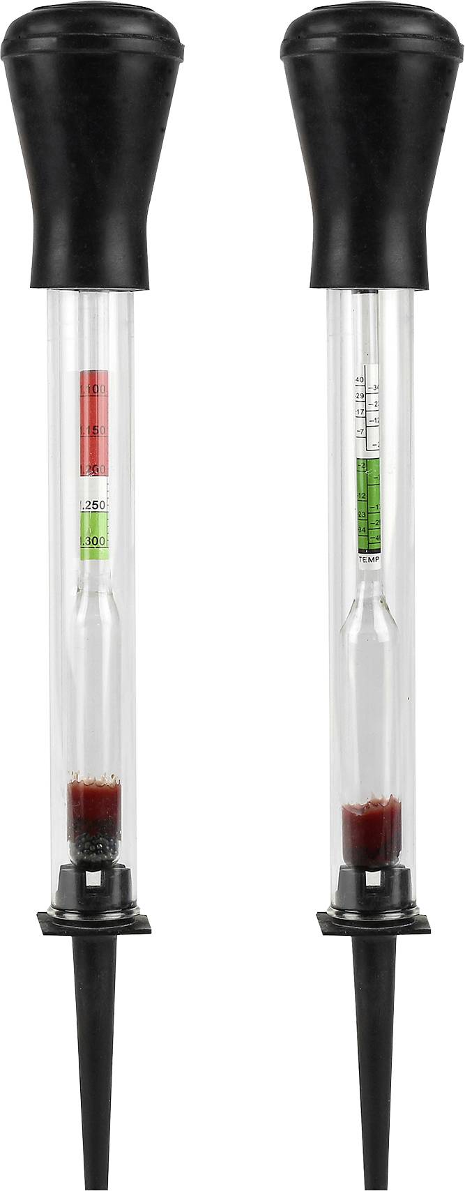 Two soil moisture meters with black caps. One reads 'dry' and the other 'wet', indicating moisture levels with colored sections: red for dry, green for wet.