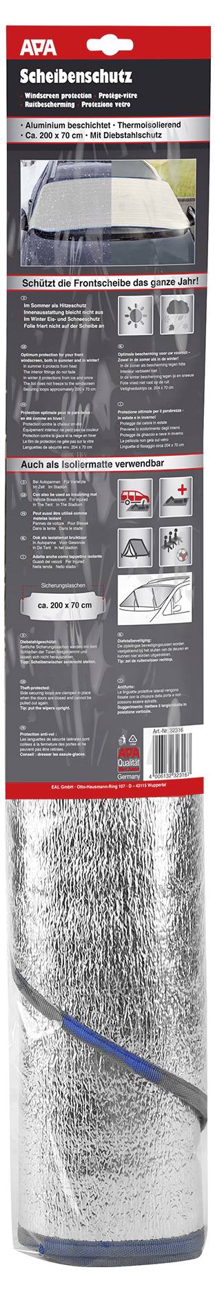 APA Aluminium beschichtet Scheibenabdeckung (L x B x H) 700 x 2000 x 3mm SUV, Pkw, Van Silber