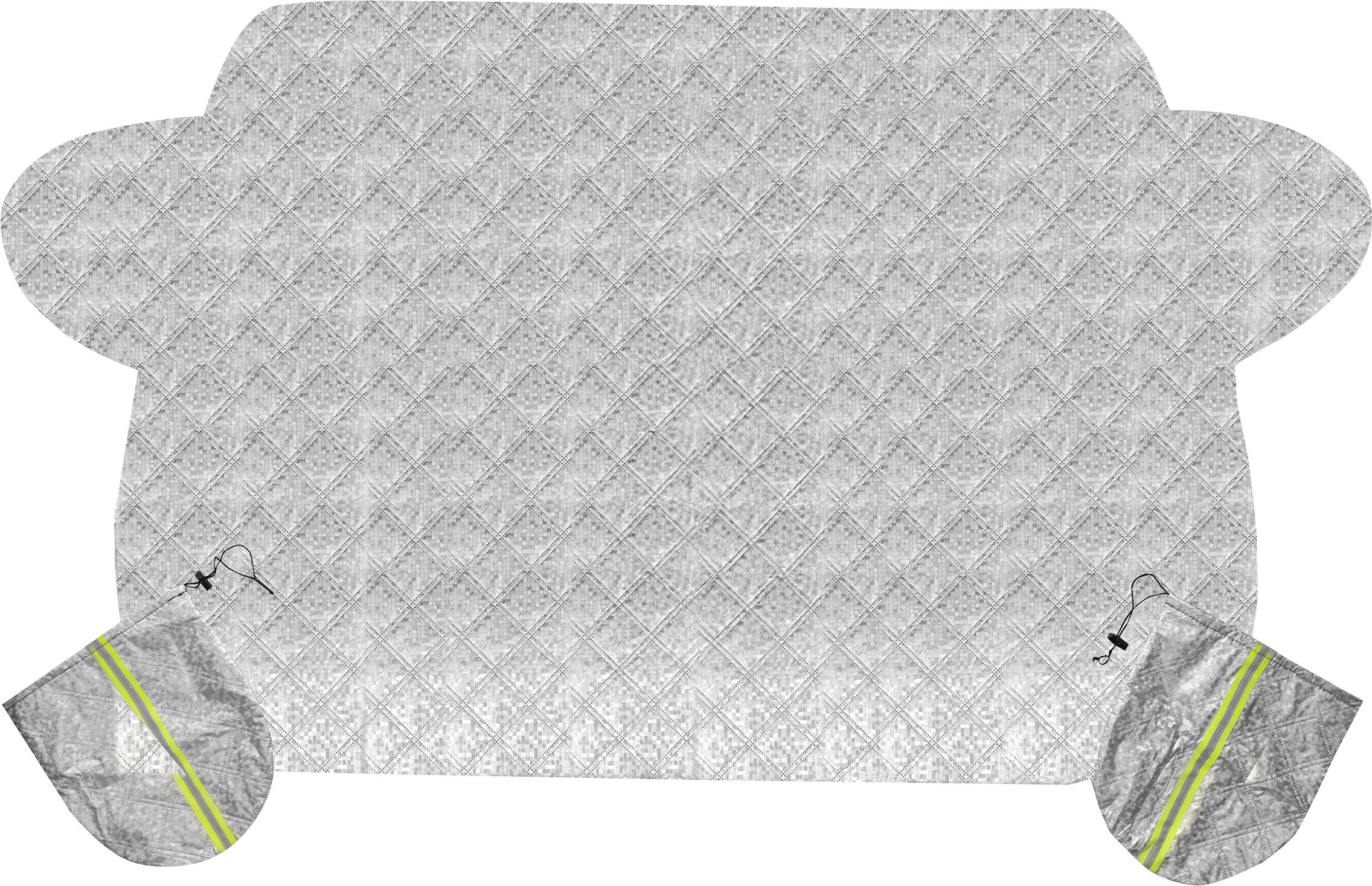 Eine Vorlage für eine umschlagartige isolierte Tasche mit zwei Griffen und reflektierenden Elementen im Material zur Temperaturerhaltung.