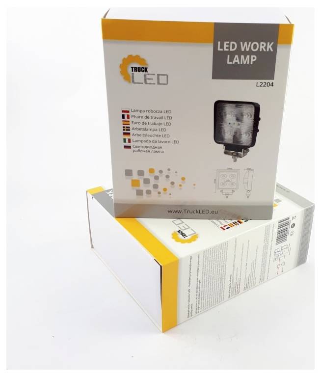 Karton einer 'LED-Arbeitsleuchte' mit mehrsprachigen Beschreibungen und Diagramm. Hauptkarton präsentiert Produktbild, Seitenkarton enthält technische Spezifikationen.