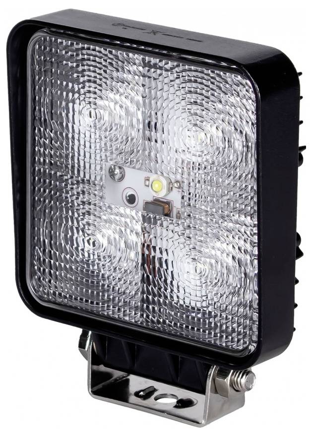 Eine schwarze, quadratische LED-Arbeitsleuchte mit geripptem Kühlkörper-Design auf der Rückseite zur Wärmeableitung, die auf einer Halterung montiert ist.