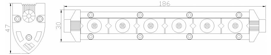 Technische Zeichnung einer mechanischen Komponente mit Abmessungen: 47 x 30 an einem Ende und Gesamtlänge 186. Merkmale sind kreisförmige und geometrische Formen.