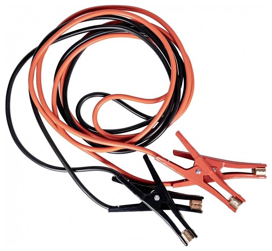 Ein Paar rote und schwarze Starthilfekabel zum Verbinden von Autobatterien, mit Klemmzangen an jedem Ende.
