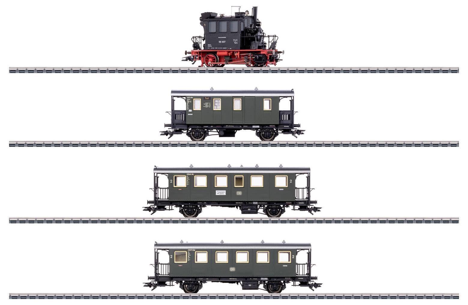 Eine Dampflokomotive aus vergangenen Zeiten, gefolgt von drei Personenwagen auf getrennten Gleisen. Die Lokomotive ist schwarz mit roten Details.