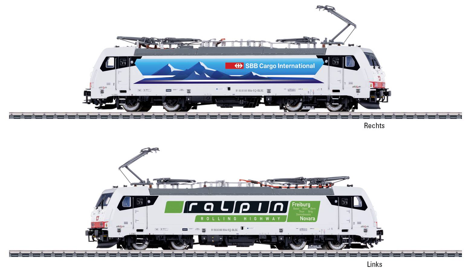 Zwei weiße elektrische Lokomotiven nebeneinander. Die obere trägt ein blaues 'SBB Cargo International' Logo mit Berggrafik. Die untere zeigt ein grünes 'ralpin - rollende Landstraße' Logo.