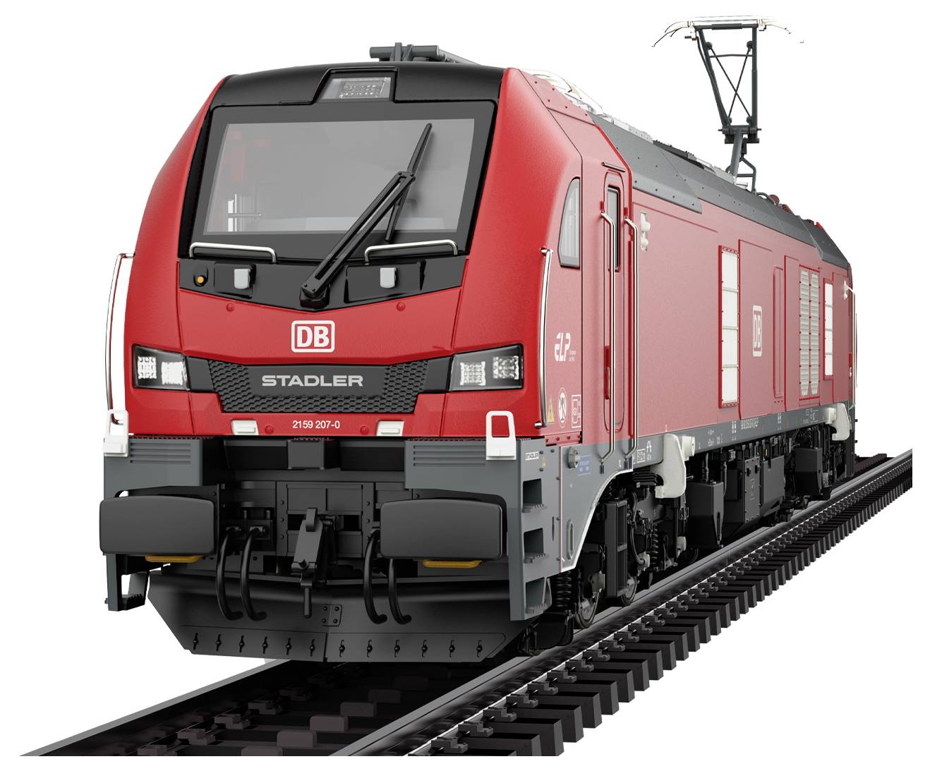 Eine rote Güterlokomotive mit DB-Logo, die auf Eisenbahnschienen fährt. Die Lokomotive ist modern, stromlinienförmig und mit Oberleitung ausgestattet.