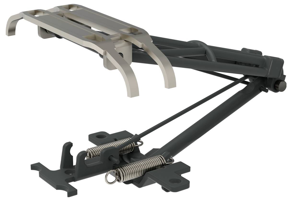 Ein Metallmechanismus mit Federspannung und verstellbaren Hebeln, möglicherweise Teil einer Vorrichtung oder Maschine zur Befestigung oder Spannungsregulierung von Komponenten.