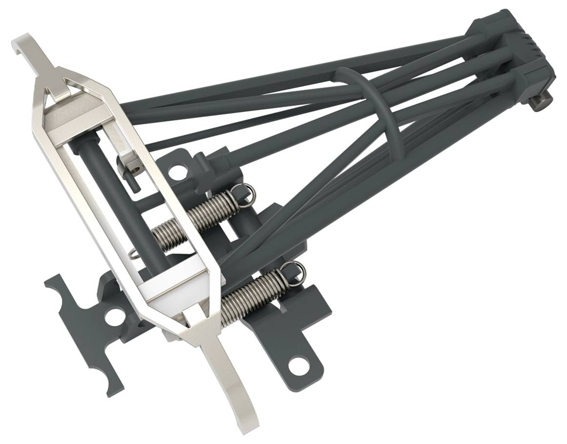 Ein 3D-Modell einer mechanischen Komponente mit Metallfedern und einem Scharniergelenk, höchstwahrscheinlich Teil eines größeren mechanischen Systems.