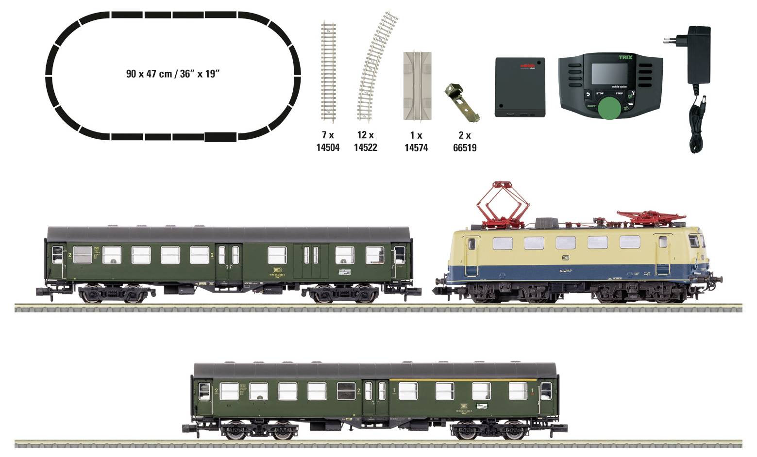 Eisenbahnset-Layoutdiagramm mit ovaler Strecke 90 x 47 cm, einschließlich Gleissegmente, Stromregler und Lokomotive; zeigt zwei grüne Personenwagen und eine gelbe Elektrolokomotive auf Schienen.