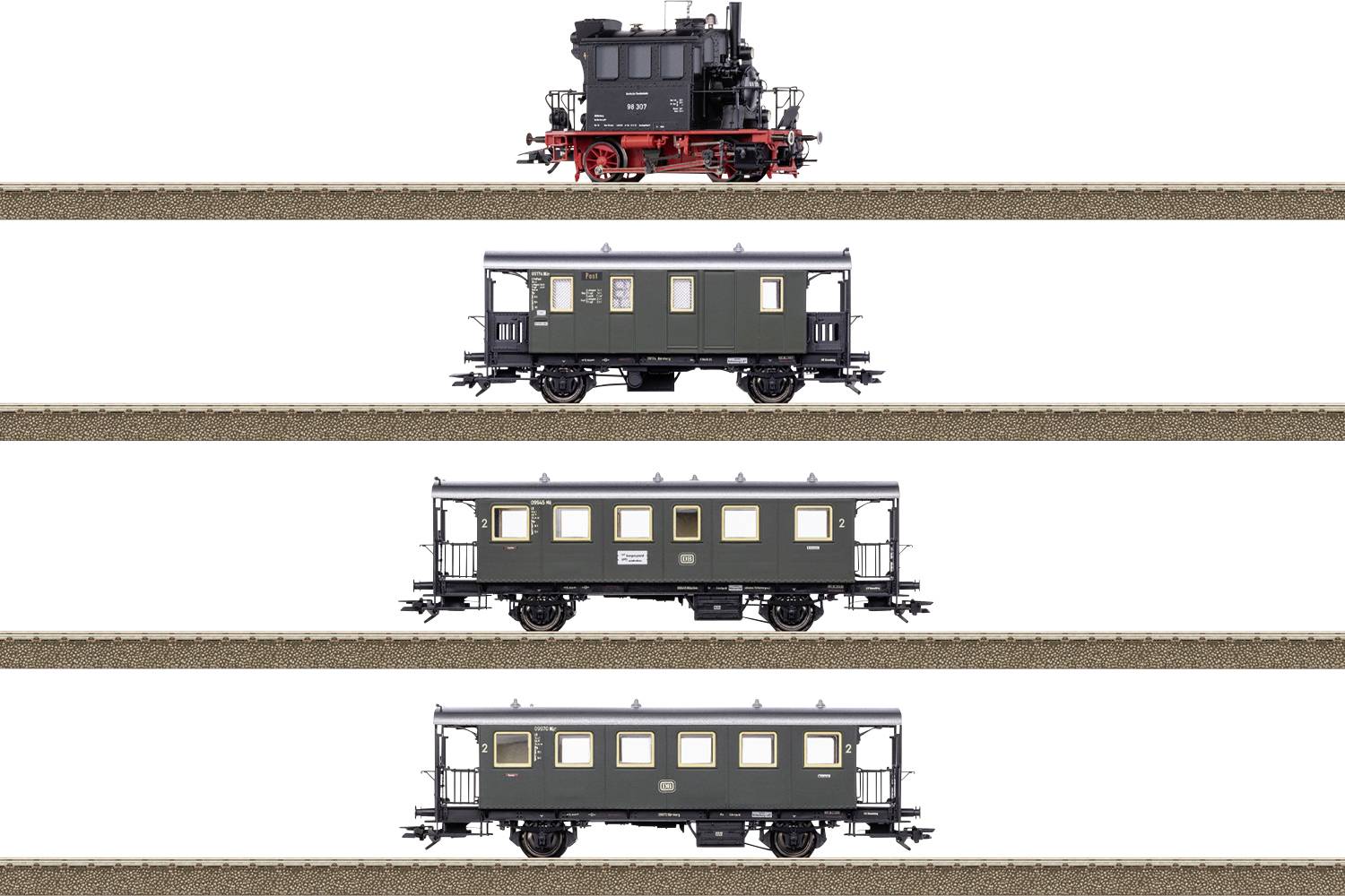 Eine kleine schwarze Dampflokomotive, gefolgt von drei identischen grünen Eisenbahnwaggons, die jeweils auf separaten Schienen vertikal ausgerichtet sind.