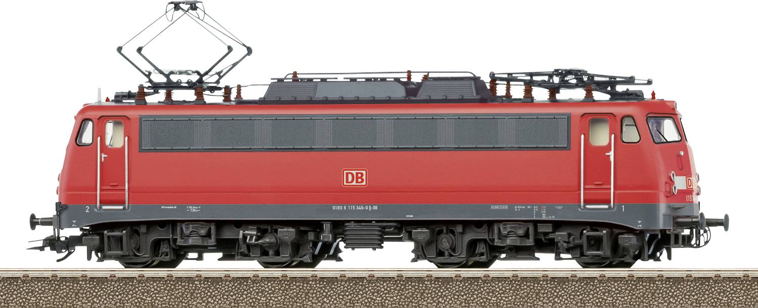 Ein roter elektrischer Zug mit Stromabnehmer und seitlich sichtbaren Rädern, mit der Aufschrift 