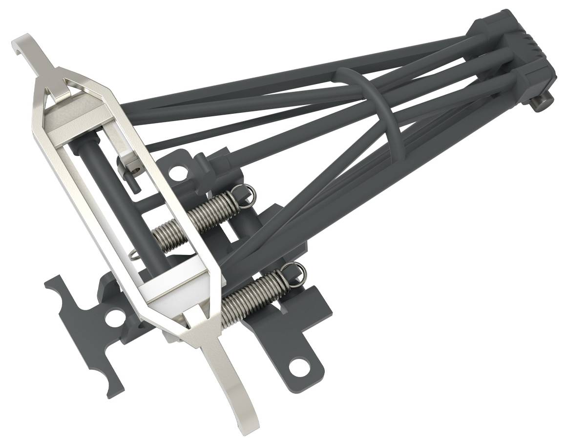 Ein Metall- und Kunststoffmechanismus mit Federn und Gelenken, möglicherweise Teil einer größeren Struktur oder Maschine, auf einem weißen Hintergrund dargestellt.