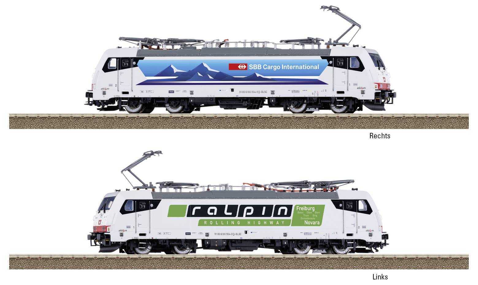 Zwei Züge nebeneinander; der obere Zug mit der Aufschrift 