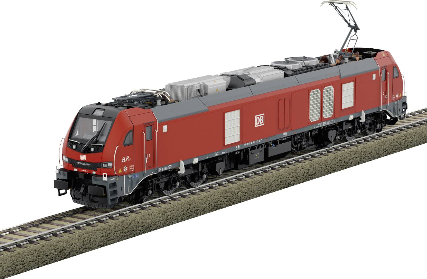 Ein roter Elektrozug auf Schienensträngen, mit schlankem Design und Logo der deutschen Firma, was moderne Transporttechnologie symbolisiert.