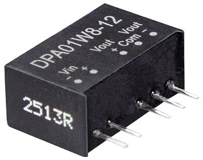 Eine schwarze elektronische Komponente mit der Beschriftung DPA01W8-12, die Vin-, Vout- und Com-Anschlüsse zeigt.