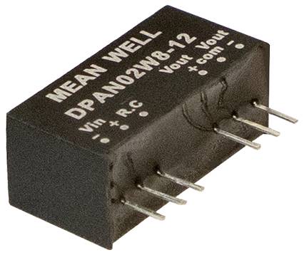 MEAN WELL DPAN02W8-12 DC-DC-Wandlermodul mit Metallstiften zur elektrischen Verbindung, mit Beschriftungen für „Vin
