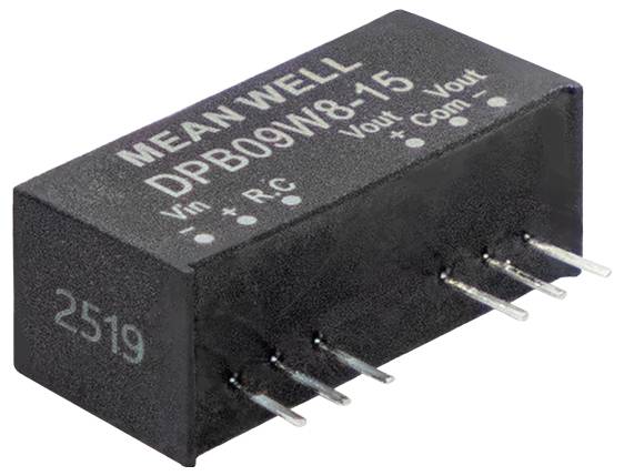 Ein schwarzer MEAN WELL DPB09W18-15 Spannungswandler, dargestellt aus einer Seitenansicht mit sichtbaren Pins und gedruckten Beschriftungen.