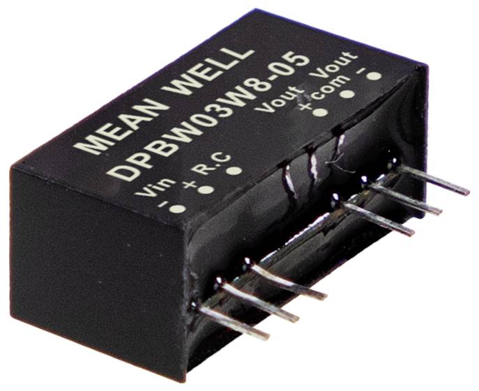 Eine schwarze elektronische Komponente mit der Aufschrift 'MEAN WELL DPBW03W8-05' mit Anschlüssen, die mit 'Vin', 'R', 'C', 'Vout' und 'Com' beschriftet sind. Wesentlich für Schaltungsverbindungen.