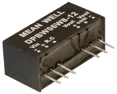 Ein schwarzes Mean Well Modul mit sechs Metallstiften, beschriftet mit: Vin, RC, Vout und Com, Modell DPBW06W8-12.