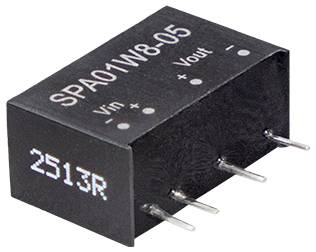 'SPA01W8-05' DC-DC-Wandlermodul mit vier Anschlüssen, beschriftet mit 'Vin' und 'Vout'.