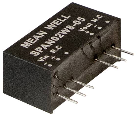 Eine rechteckige elektronische Komponente mit dem Text 'MEAN WELL SPAN02W8-05', die Eingabe- und Ausgabeverbindungen zeigt und in Stromversorgungssystemen verwendet wird.