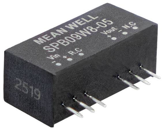 Eine elektronische Komponente, gekennzeichnet mit 'MEAN WELL SPB09W8-05', mit sechs metallischen Pins. Markierungen beinhalten 'Vin + - RC' und 'Vout + - NC'.