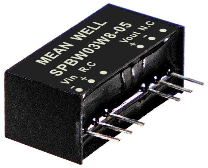 Ein Mean Well SPBW03W8-05 PCB-montiertes Netzteilmodul mit sichtbaren Pins und beschrifteten Eingängen für Vin, R.C und Ausgängen für Vout, N.C.