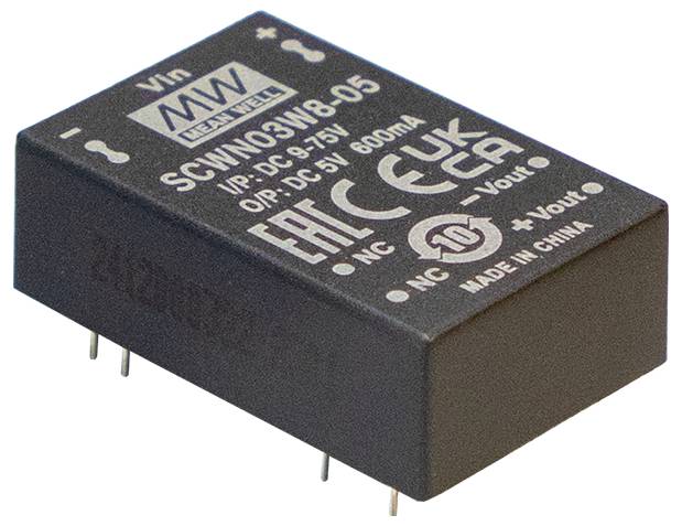 Ein kleiner schwarzer rechteckiger elektronischer Bauteil mit Anschlüssen, beschriftet mit 