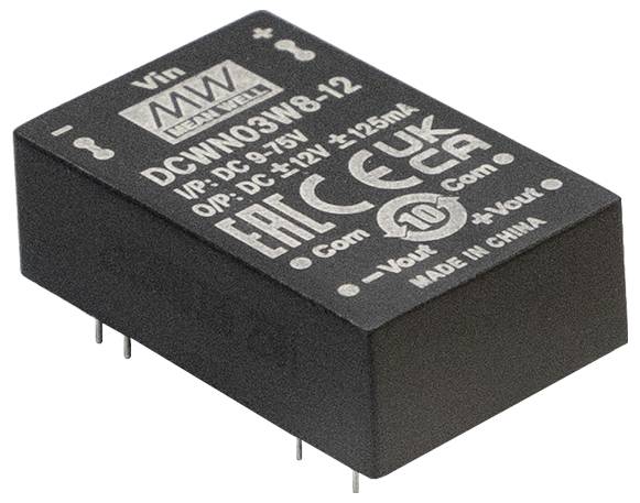 Eine schwarze elektronische Komponente mit Anschlüssen, beschriftet mit 'MW Instrument', 'DCWN03W8-12', die Eingabe-/Ausgangsspannung und Zertifizierungszeichen anzeigt.