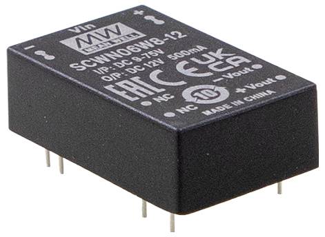 'SCWN06W8-12' Leistungsumwandlungsmodul mit Text 'Vin IP: DC 6-75V, OP: DC 12V 500mA' und Zertifizierungssymbolen.
