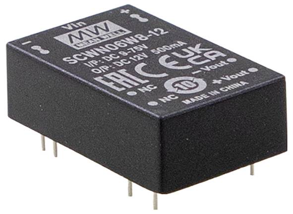 'MEAN WELL SCWN06W8-12' DC-DC-Wandler, VIN: 4,5-7,5V, VOUT: 12V, 500mA, mit Zertifizierungen: CE, UKCA, EAC. Sechs Anschlüsse dargestellt.