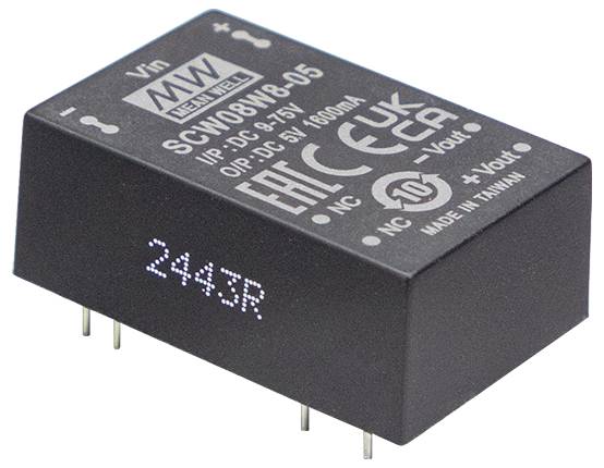 Eine kleine, rechteckige schwarze elektronische Komponente mit der Aufschrift 'MEAN WELL', auf deren Oberfläche Eingabe-/Ausgabesspezifikationen und Herstellungsdetails gedruckt sind.