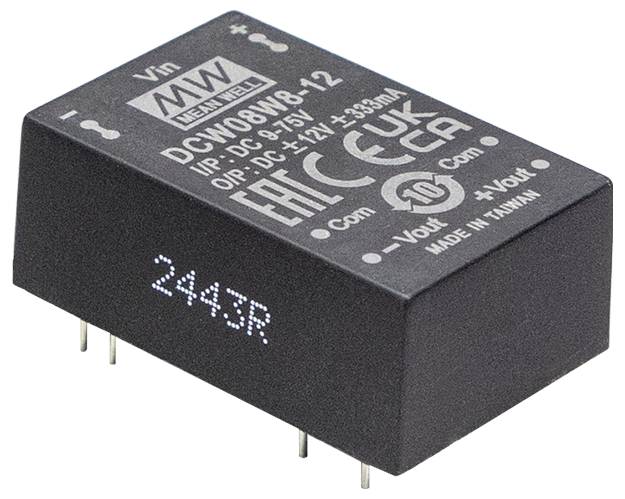 Ein schwarzes Mean Well DC-DC Wandlermodul mit Eingangsspannung von 36-75V DC und Ausgang von 12V bei 333mA. Modell: DCW08B-12.
