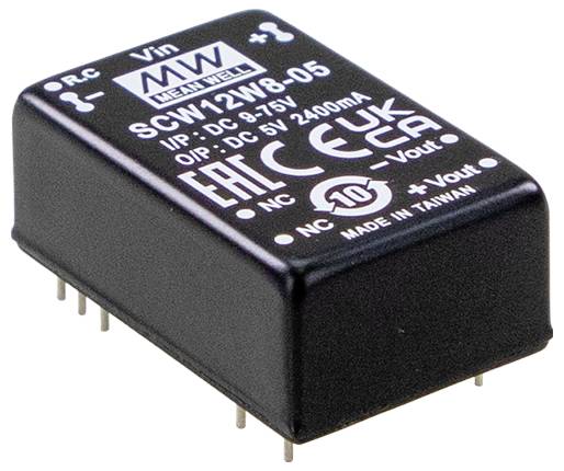 MEAN WELL SCW12W8-05 DC-DC-Wandler, Eingang: 9-18V, Ausgang: 5V, 2400mA, 12W; zeigt Zertifizierungen und Produktspezifikationen.