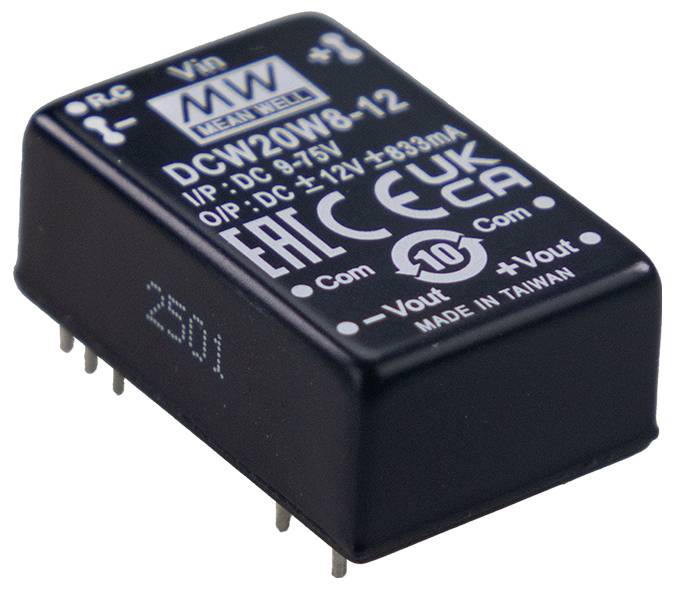 Ein Mean Well DCW20W8-12 Netzteilmodul, Eingang 9-75V DC, Ausgang 12V DC, 833mA. CE und UKCA gekennzeichnet, hergestellt in Taiwan.