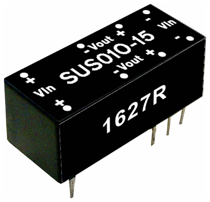 Eine schwarze elektronische Komponente mit der Bezeichnung 'SUS010-15', versehen mit Anschlüssen für Eingangs- und Ausgangsspannungsverbindungen und markiert mit '1627R'.