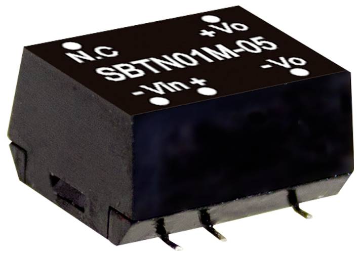 Eine schwarze elektronische Komponente mit der Beschriftung 'SBTN01M-05' mit Anschlüssen, versehen mit den Markierungen '+Vo', '-Vo', '+Vin', '-Vin', 'N.C'.