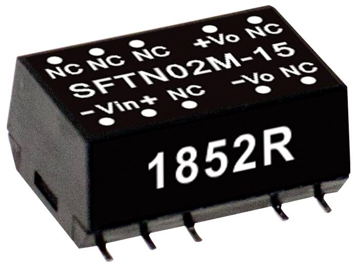 Schwarze elektronische Komponente mit der Bezeichnung SFTN02M-15 und 1852R, mit mehreren Anschlüssen und markierten Kontakten: NC, +Vo, -Vin und -Vo.