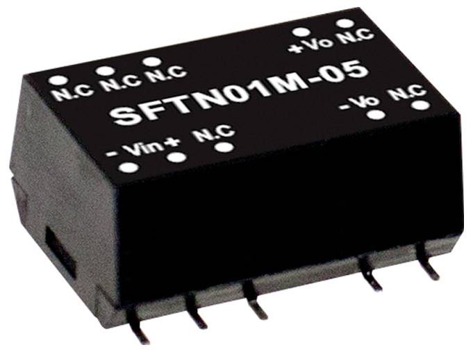 Eine schwarze elektronische Komponente mit der Beschriftung 'SFTN01M-05' und verschiedenen Anschlussbezeichnungen einschließlich '+Vo', '-Vo', 'Vin+' und 'N.C.'.