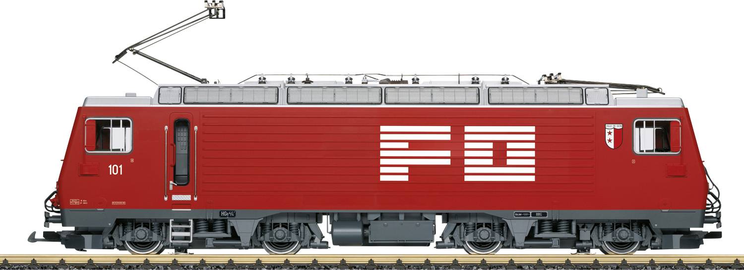 Eine rote elektrische Lokomotive auf Gleisen, mit weißen 'F D' Buchstaben an ihrer Seite.