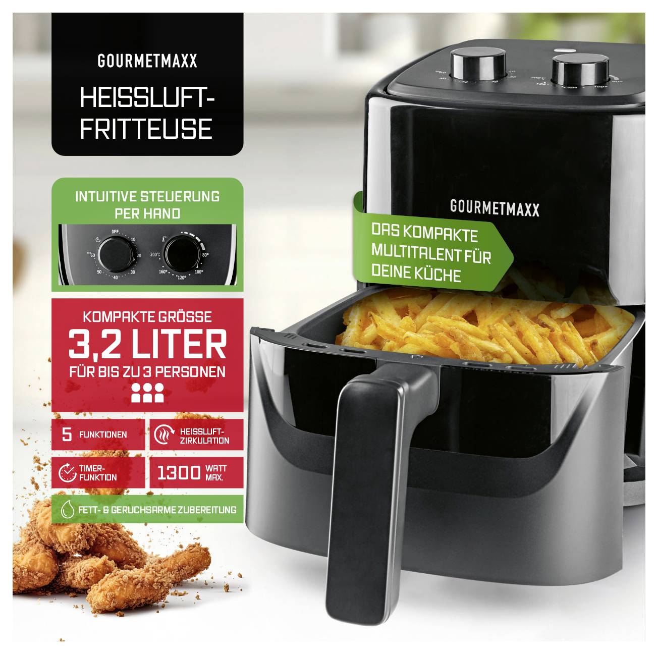 GourmetMaxx Heißluft-Fritteuse 3.2 1300W Timerfunktion, Temperaturvorwahl Schwarz