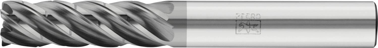 Ein metallisches zylindrisches Werkzeug mit Spiralrillen, das zum Schneiden verwendet wird, höchstwahrscheinlich eine Schaftfräser, mit glänzender Oberfläche und einer kleinen gravierten Markierung.