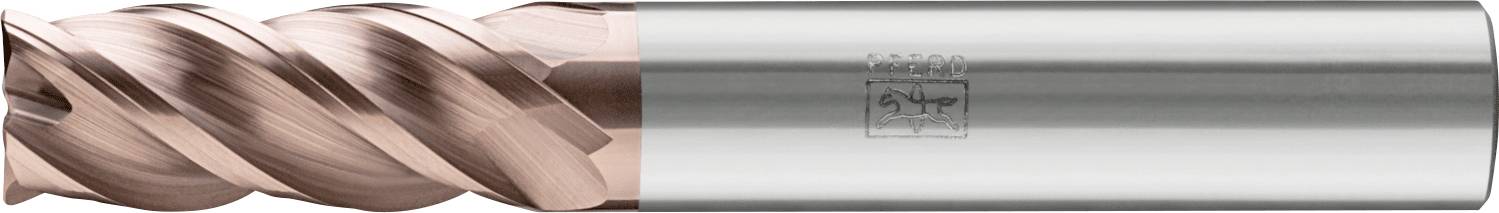 Ein Metallfräser mit einem spiralförmigen, scharfkantigen Kopf links und einer glatten zylindrischen Basis rechts.