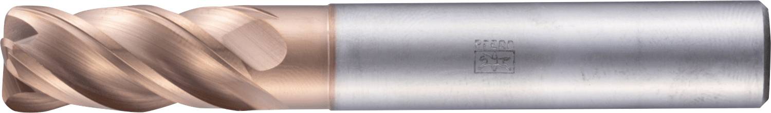 Ein Metallfräser mit einem silbernen zylindrischen Schaft und kupferfarbenen gerillten Schneidkanten, der für CNC-Bearbeitung und Fräsen verwendet wird.